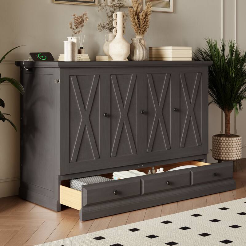 Gray Queen Size Solid Pine Murphy Bed with Charging Station & Storage Drawer