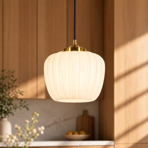 slide 2 of 10, Modern Glam 1-Light White Brass Ribbed Opal Milk Glass Pendant Light for Dining Room - 11"
