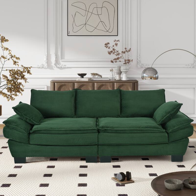 85.4" Modern Curved Sofa, Back Upholstered Couch with 2 Decorative Throw Pillows, Corduroy Fabric Couch - Dark Green