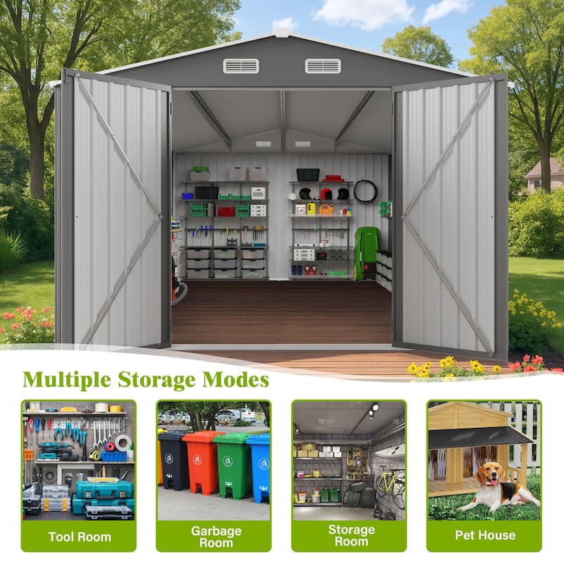 10x14 FT Outdoor Metal Storage Shed, Durable Garden Shed with Three Lockable Doors and Clear Window, All-Weather Shelter