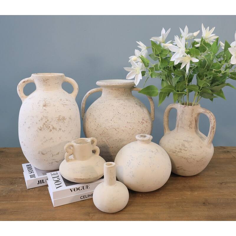16" high terracota vase with two handles distressed white