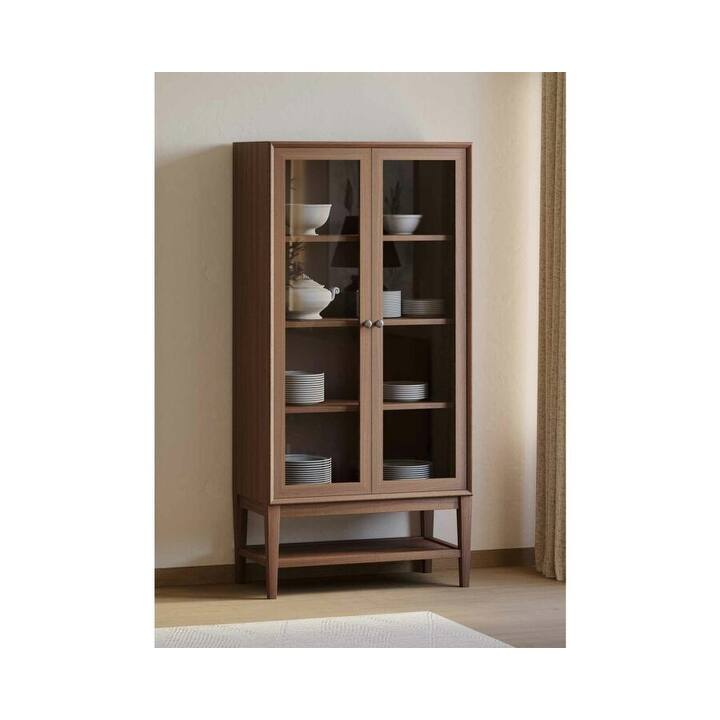 Mid-Century Modern Wood Dining Display Cabinet, Fully Assembled, Brown - 36"w x 74"h x 18.5"d - Brown