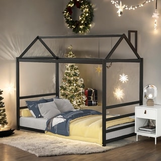 Playful House-Shaped Design Platform Bed with Roof and Chimney Design,Black