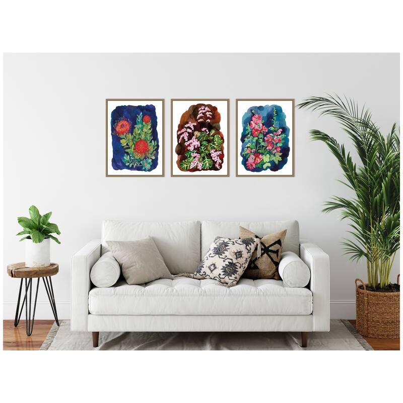 Kate and Laurel Proteas in Blue & Hollyhock 3 Piece Framed Canvas Wall Art Set by Lucia Gianello
