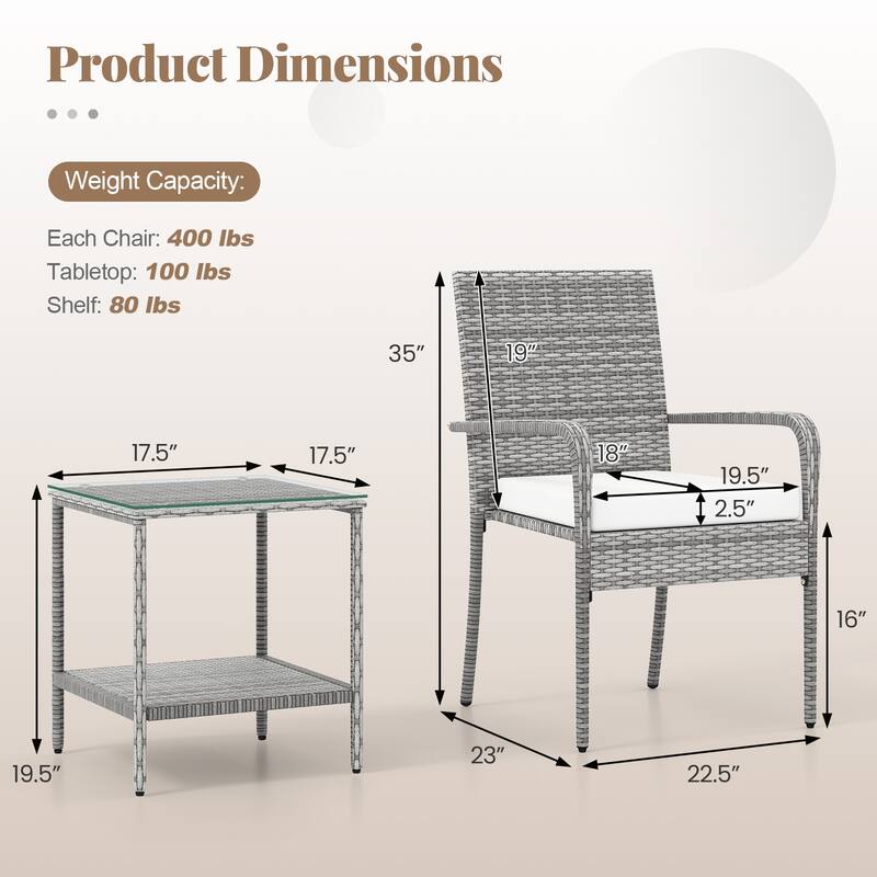 3-Piece Mix Grey Rattan Patio Furniture Set with Cushioned Chairs and Tempered Glass Table for Backyard or Balcony
