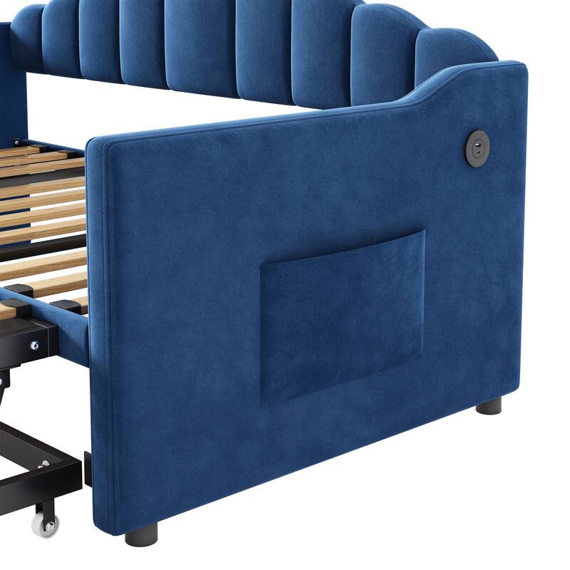 Upholstered Twin Size Daybed with Pop-Up Trundle and Charging Station