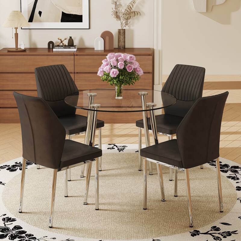 5-Piece Indoor Modern Round Dining Table Set for 4, Transparent Glass Table & 4 PU Chairs Set for Kitchen, Living Room