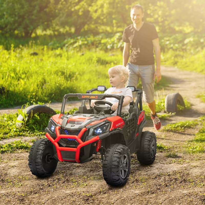 24V Kids Ride-On Car with Parent Remote Control, Red Battery Powered Electric Car Off-Road Toy Car with Safety Belts