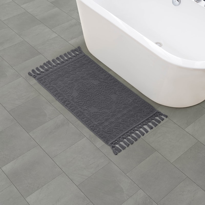 French Connection Nellore Fringe Cotton Bath Rug - Charcoal - 20x38