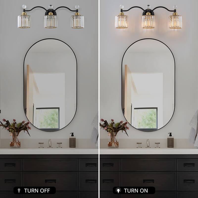 Starsky 3-Light Modern Crystal Bathroom Vanity Fixture with Ribbed Glass Shades and Sparkling Crystal Ball Accents