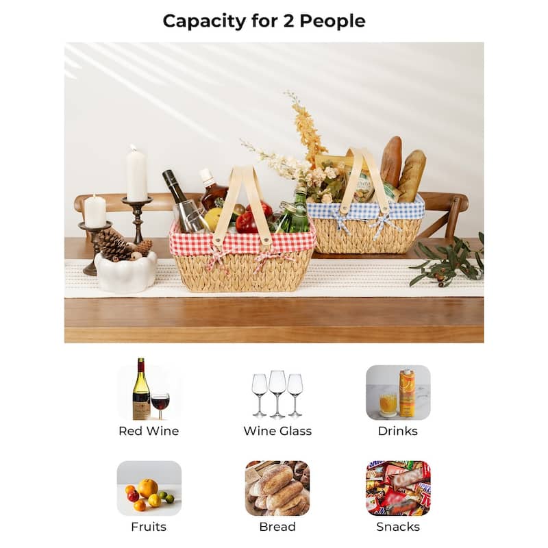 Wicker Basket with Wood Handle, Water Hyacinth Basket for Easter, Gift, Picnic - 15"D x 9.75"W x 7"H