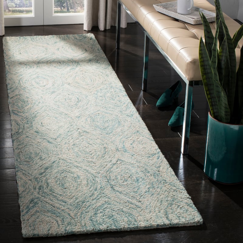 SAFAVIEH Handmade Ikat Lilija Wool Rug - 2'3" x 8' Runner - Ivory/Sea Blue