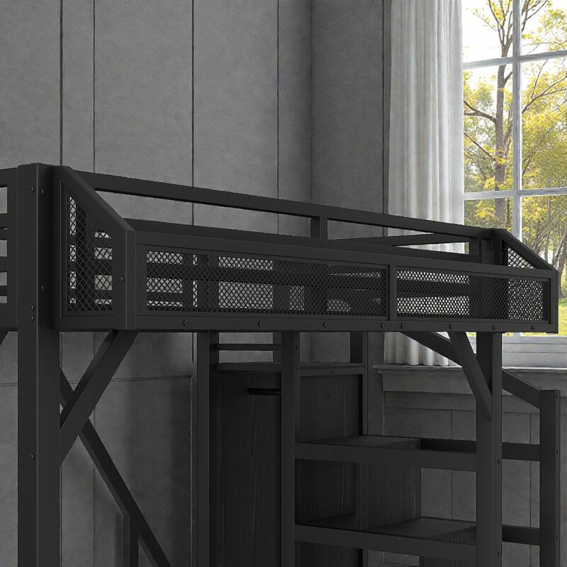 Metal Loft Bed with Storage Stairs, Wardrobe and Shelves, USB Ports and LED Lights, Noise Reduced Frame