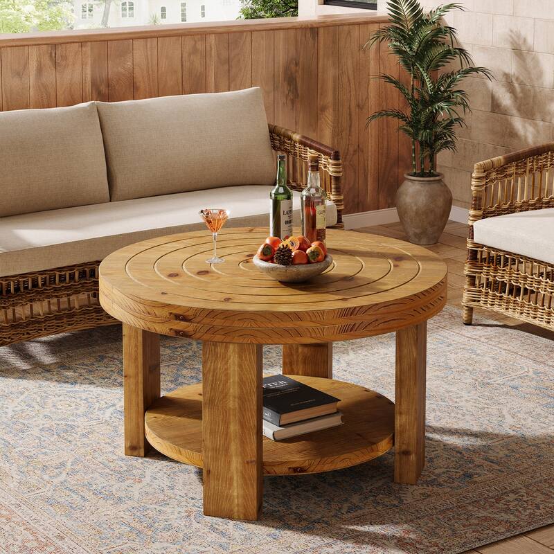 31.5" Round Coffee Table, 2-Tier Farmhouse Solid Wood Coffee Table