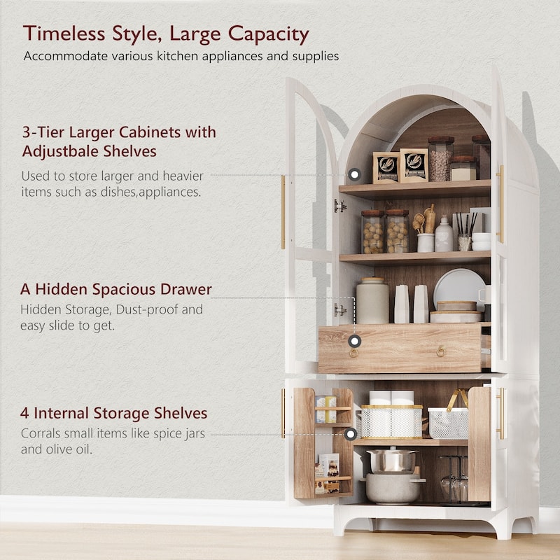 71" Tall Arched Kitchen Pantry Cabinet with Door Shelves,Hidden Drawer & Glass Door - N/A