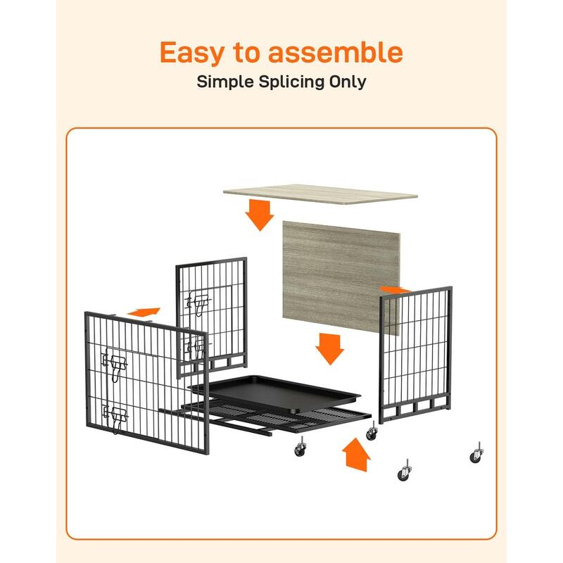 Grey Wooden Dog Kennel with Removable Tray and Wheels Dog Crate Furniture