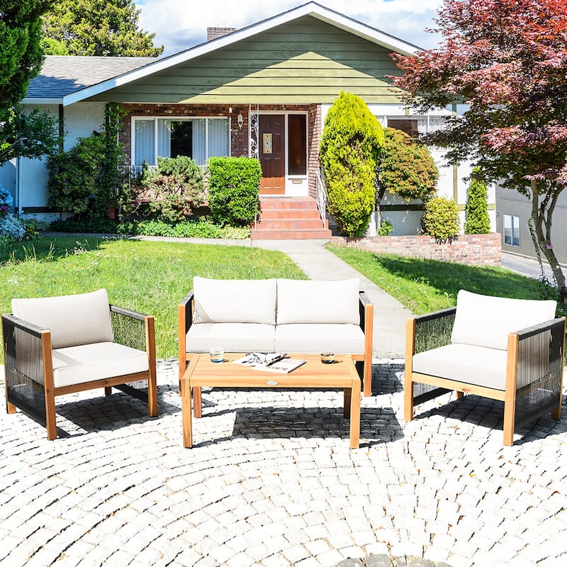 Costway 4PCS Wooden Patio Furniture Set Cushioned Sofa W/Rope Armrest - 4-Piece Sets