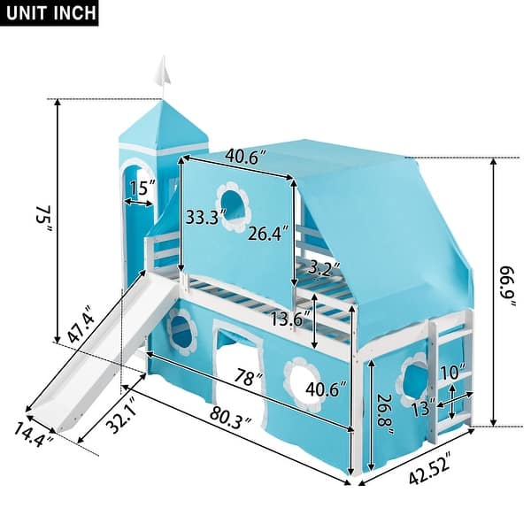 dimension image slide 1 of 2, Twin Size House Loft Bed with Slide, Tent and Tower