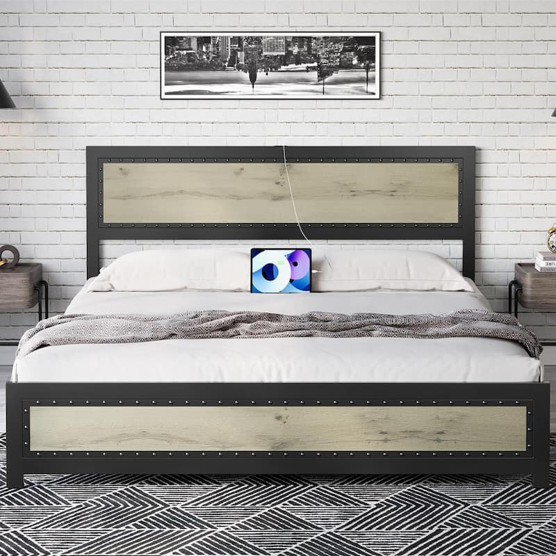 Bed Frame with Headboard - Wash Gray - Full