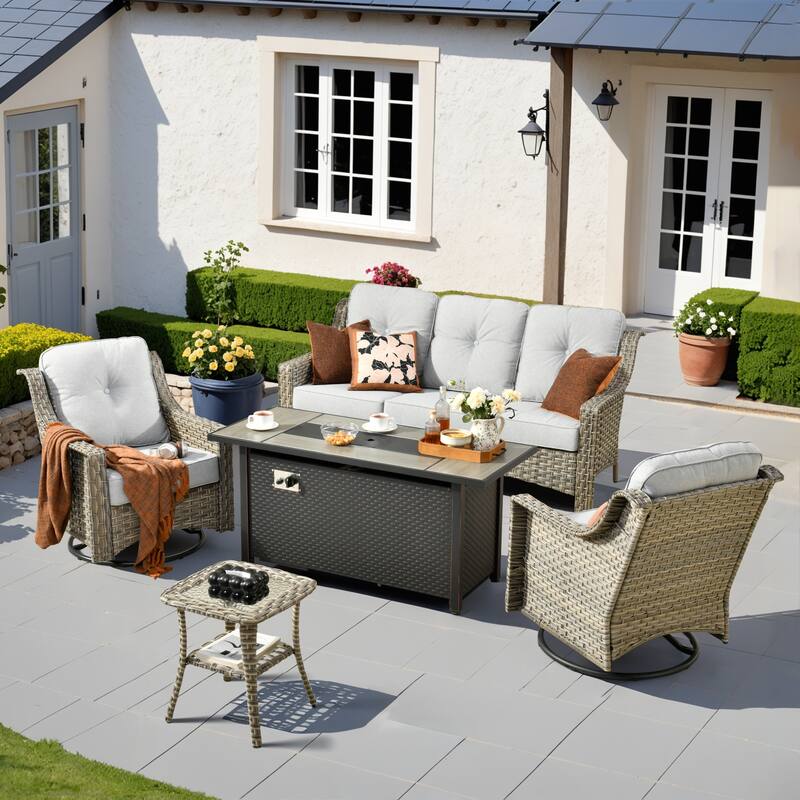 HOOOWOOO 5-piece Rattan Outdoor Patio High Back Swivel Chair Set with 54"Fire Pit - Grey