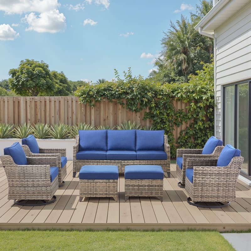 Pocassy Outdoor All-Weather Outdoor Sofa, Swivel Chair, Ottoman Sets - Grey Wicker Blue Cushion - 7 Pieces Sofa Swivel Chair with Ottoman