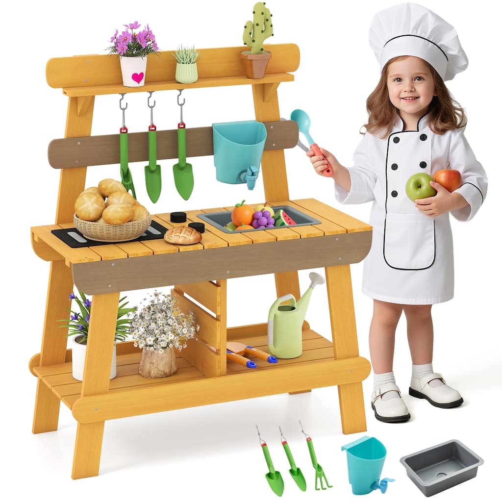 Gymax Play Kitchen for Kids w/ Removable Faucet Sink Grill Rack