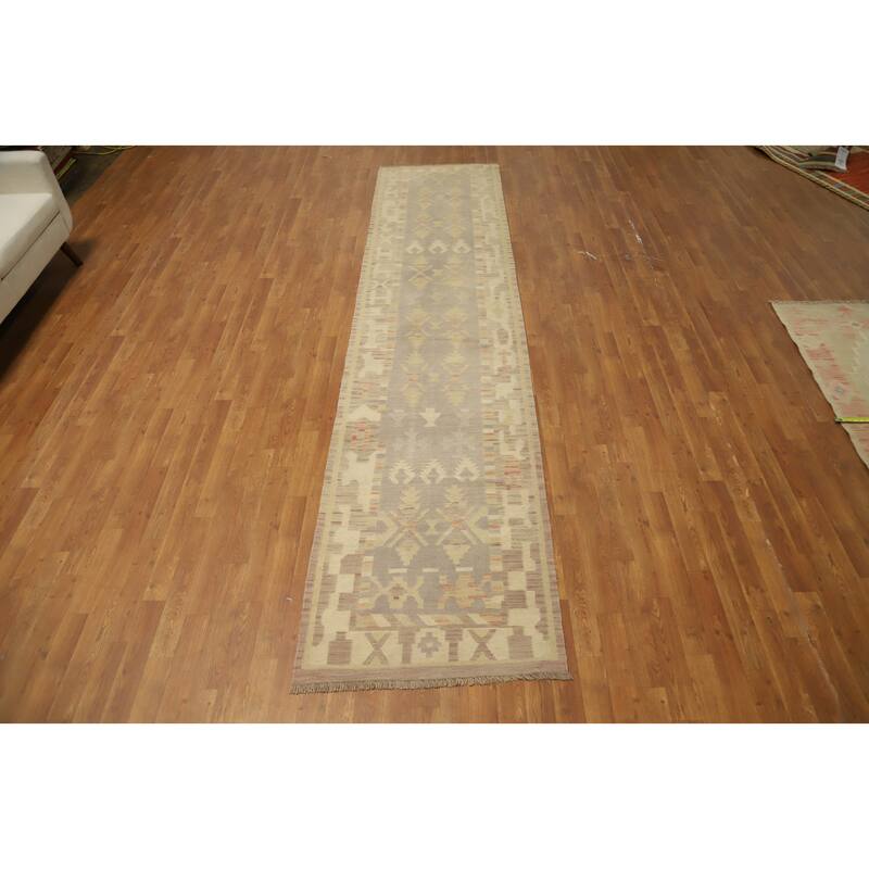 Hand Woven Oriental 100% Wool Carpet Southwestern Tribal Purples Kilim Runner Rug - 12' 3'' X 2' 9''