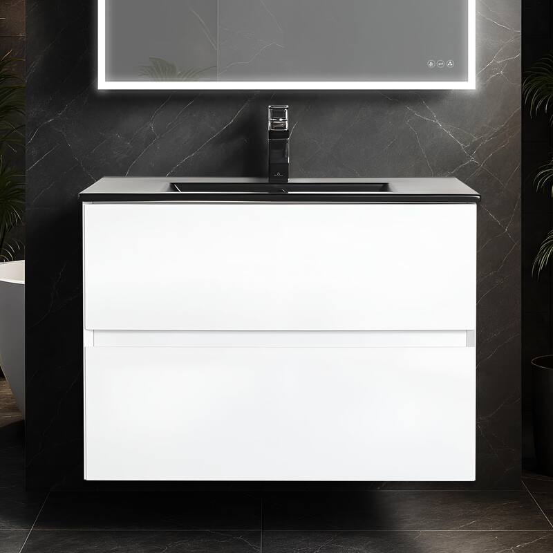 Blossom 30 Inch All Wood Wall Mounted Floating Bathroom Vanity with Sink - Glossy White - 30" MB Ceramic Sink