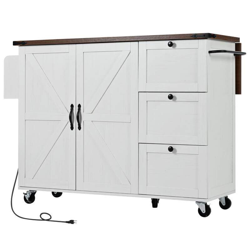 Anmytek Black Farmhouse Kitchen Island Cart with Drop Leaf and Outlets - Rolling Cart with Drawers and Spice Storage