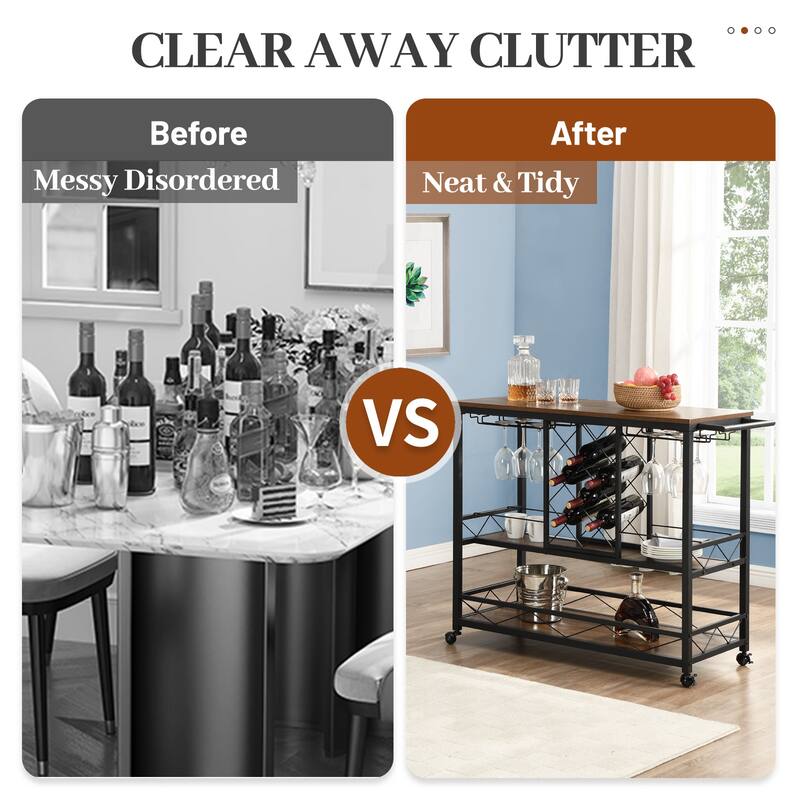 Myhozm Mobile Bar Cart Rolling Kitchen Serving Cart with Wine Bottle Rack