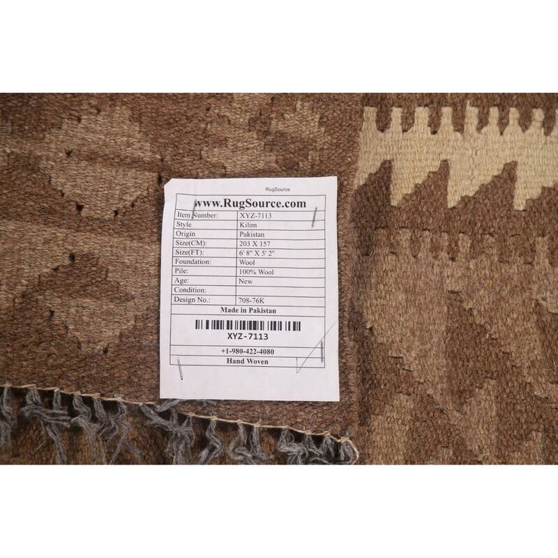 Geometric Kilim Oriental Area Rug Flat-weave Brown Wool Carpet - 5'2" x 6'8"