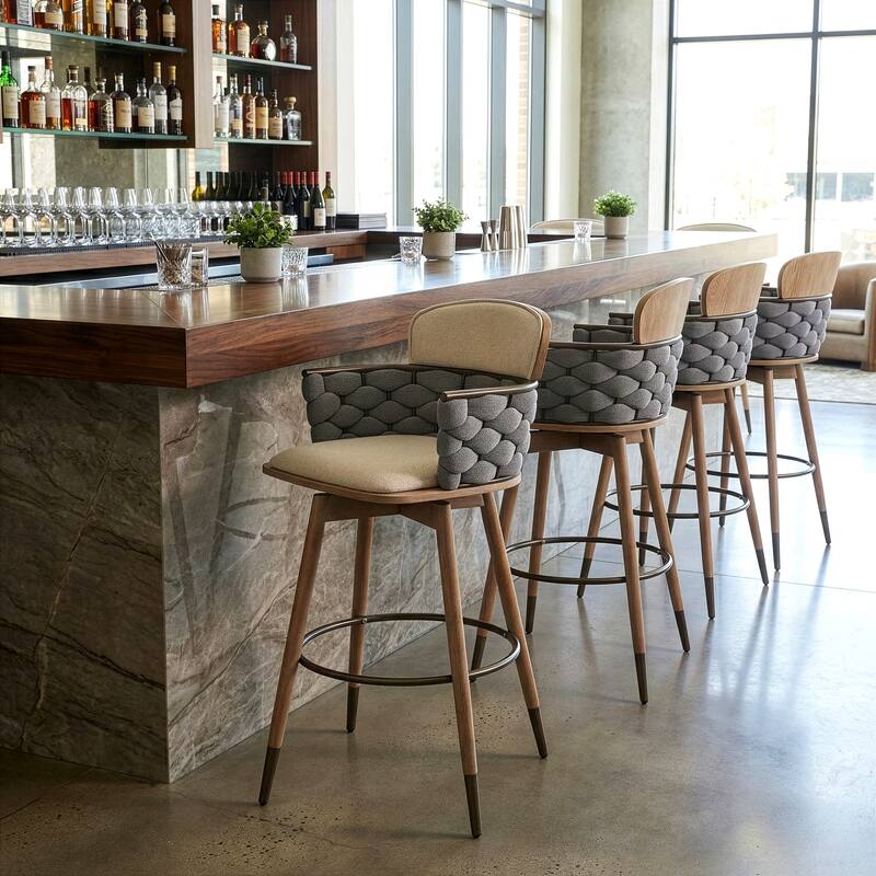 Bechor Beige and Gray Linen Fabric Bar Stool with Natural Wood Legs