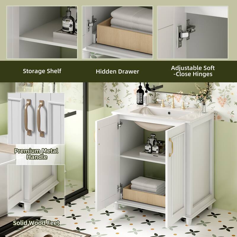 30 Inch Bathroom Vanity with Ceramic Sink, Freestanding Bathroom Vanity Set with Hidden Drawer, Storage Cabinet for Bathroom