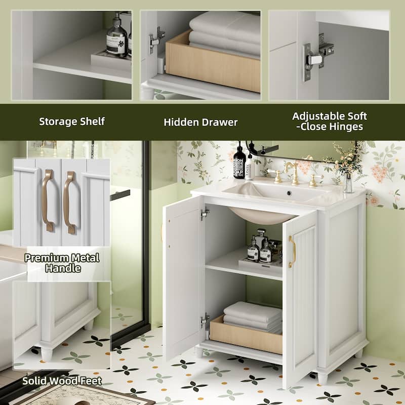 30 Inch Bathroom Vanity with Ceramic Sink, Freestanding Bathroom Vanity Set with Hidden Drawer
