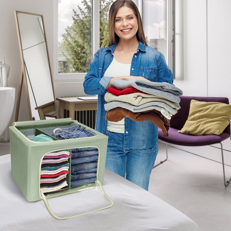 Foldable Storage Bag Breathable Bamboo Fabric Dustproof Organizer Box Charcoal - (2 Section - Beige)