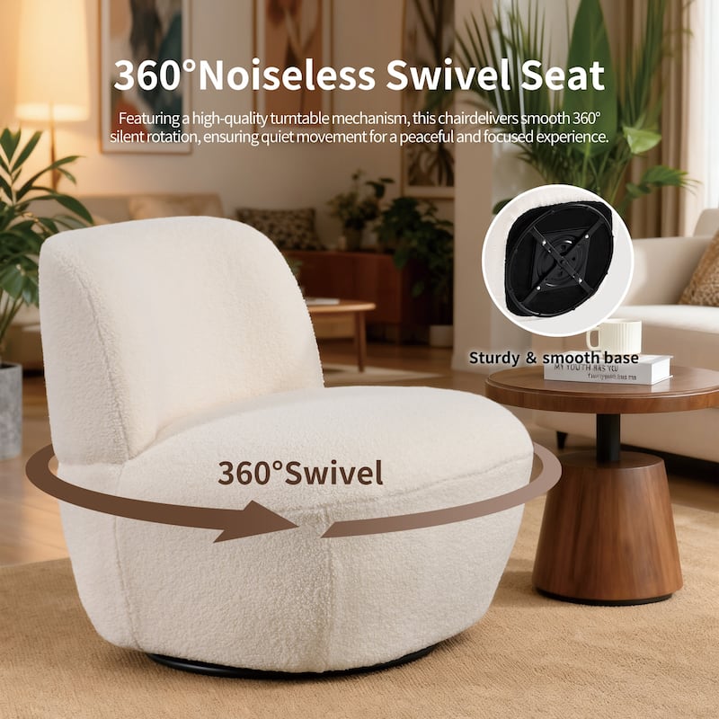 Modern 27" W Swivel White Boucle Upholstered Accent Chair