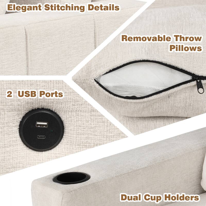 Convertible Sectional Sofa with Pull-out Sofa Bed and Dual Cup Holders