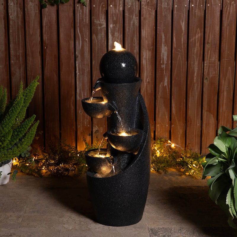 Glitzhome 33.5"H Modern 5-Tier Bowl and Sphere Polyresin Outdoor Fountain with Pump and LED Light
