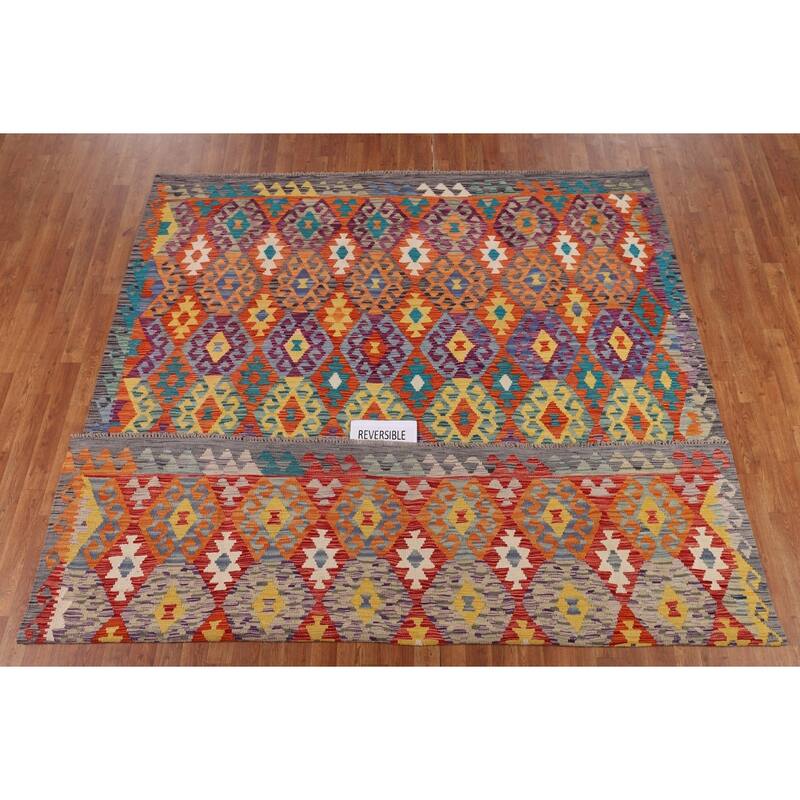 Reversible Orange Kilim Area Rug Flatweave Oriental Wool Carpet - 7'11" x 9'7"