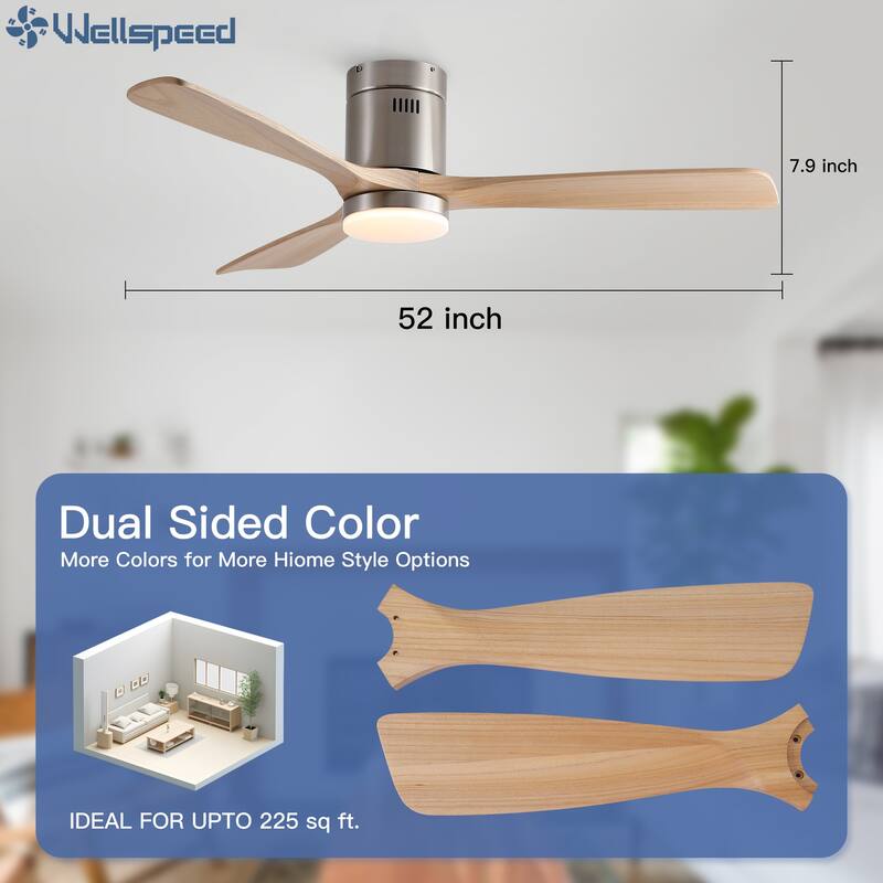 52In. Farmhouse Indoor Flush Mount Low Profile Ceiling Fan with Solid Wood Blades and Remote Control
