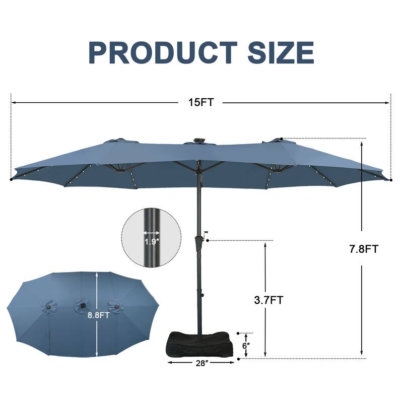 Autlaycil 15ft Retangle Patio Umbrella with Solar Lights & Base