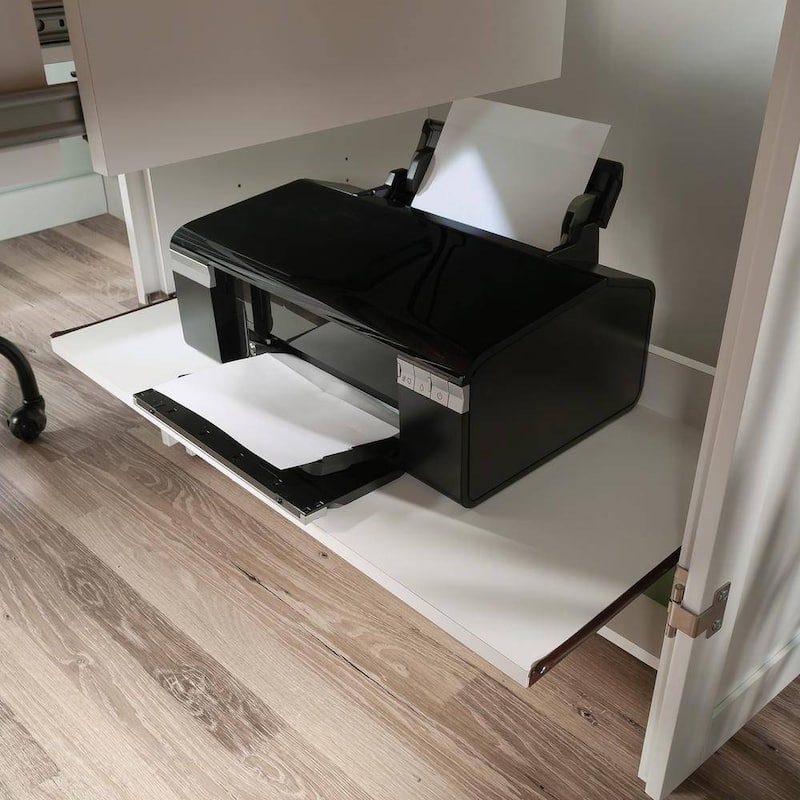 Space-Saving Craft Armoire with Drop Leaf Desk and Adjustable Storage Shelves Power Strip