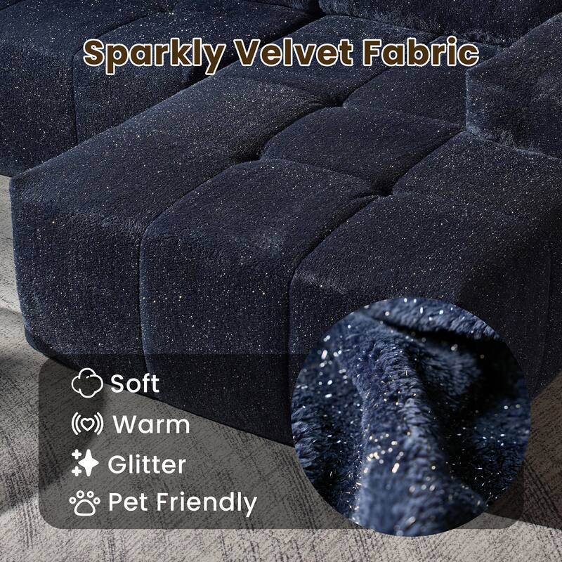 HOOOWOOO Modern Sparkly Velvet Fabric Chaise Sofa Couch with Ottoman
