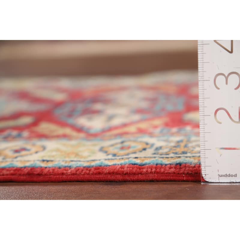 Red Geometric Kazak Oriental Accent Rug Hand-Knotted Wool Carpet - 2'0" x 2'10"