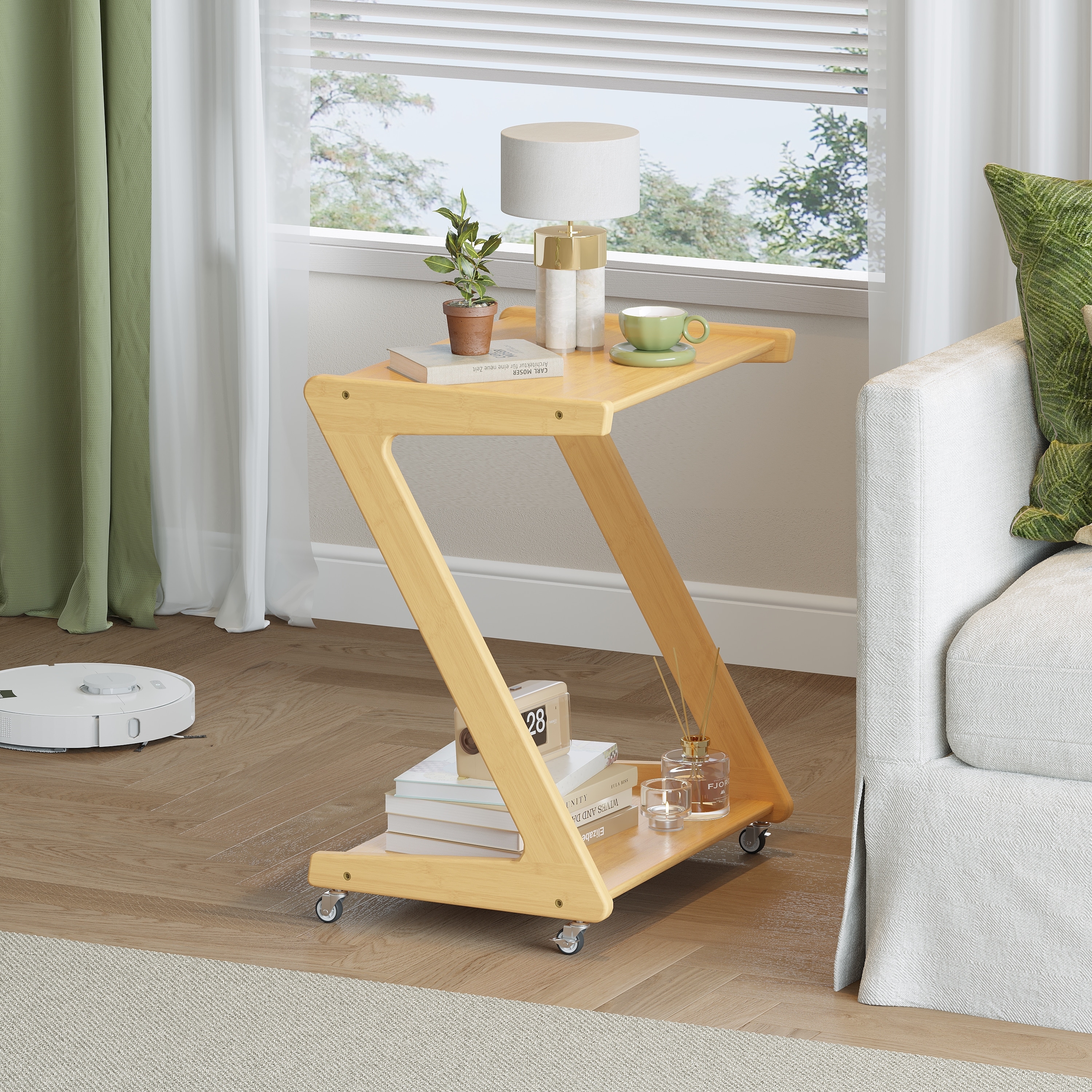 Z-Shaped Solid Wood Rolling Side Table with Casters, 2-Tier End