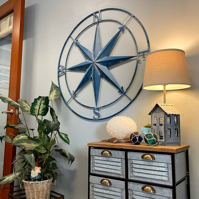 Zeckos Aegean Blue Metal Nautical Compass Rose Wall Sculpture 39 Inch