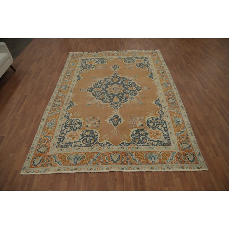 Hand Knotted Oriental 100% Wool Carpet Traditional Medallion Oranges & Rust Tabriz Area Rug - 10' 11'' X 7' 10''