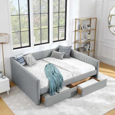 Queen Size Daybed with 2 Drawers Trundle Upholstered Sofa Bed with Vertical Stripes Linen Fabric, Grey