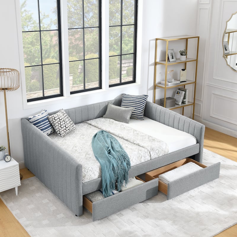 Queen Size Upholstered Daybed with Trundle and Storage Drawers, Grey Linen Fabric - Grey