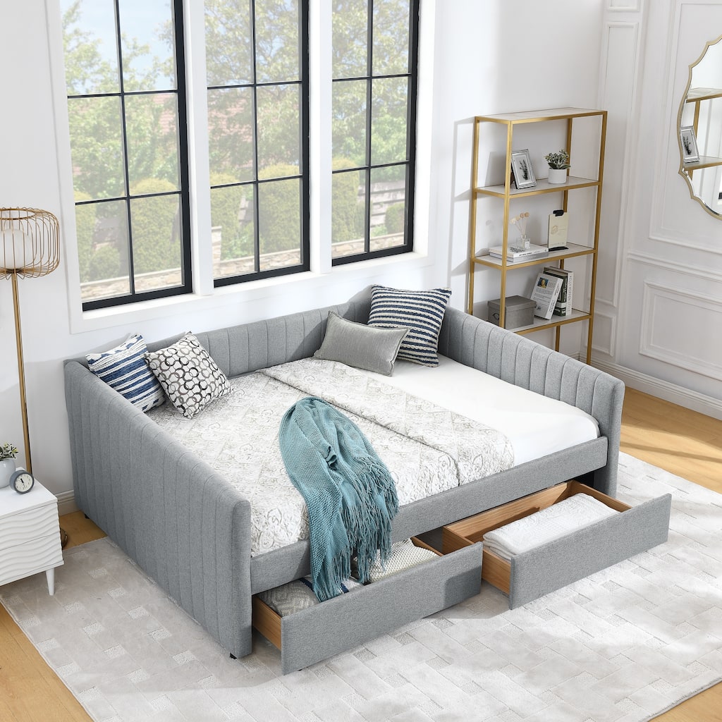 Queen Size Upholstered Daybed with Trundle and Storage Drawers, Grey Linen Fabric